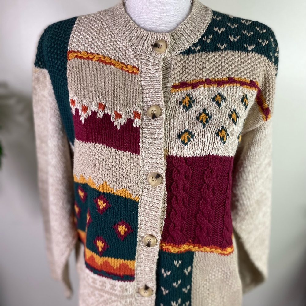 Russ sport co.Vtg women’s color block buttoned chunky knit cardigan swea Sz M - Picture 2 of 11